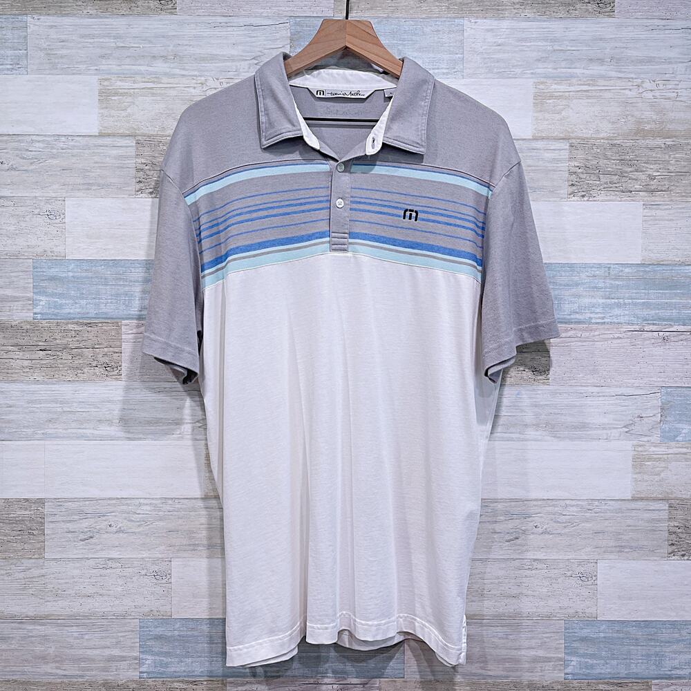Travis Mathew Leeway Stripe Pima Cotton Jersey Golf Polo White Gray Mens XL